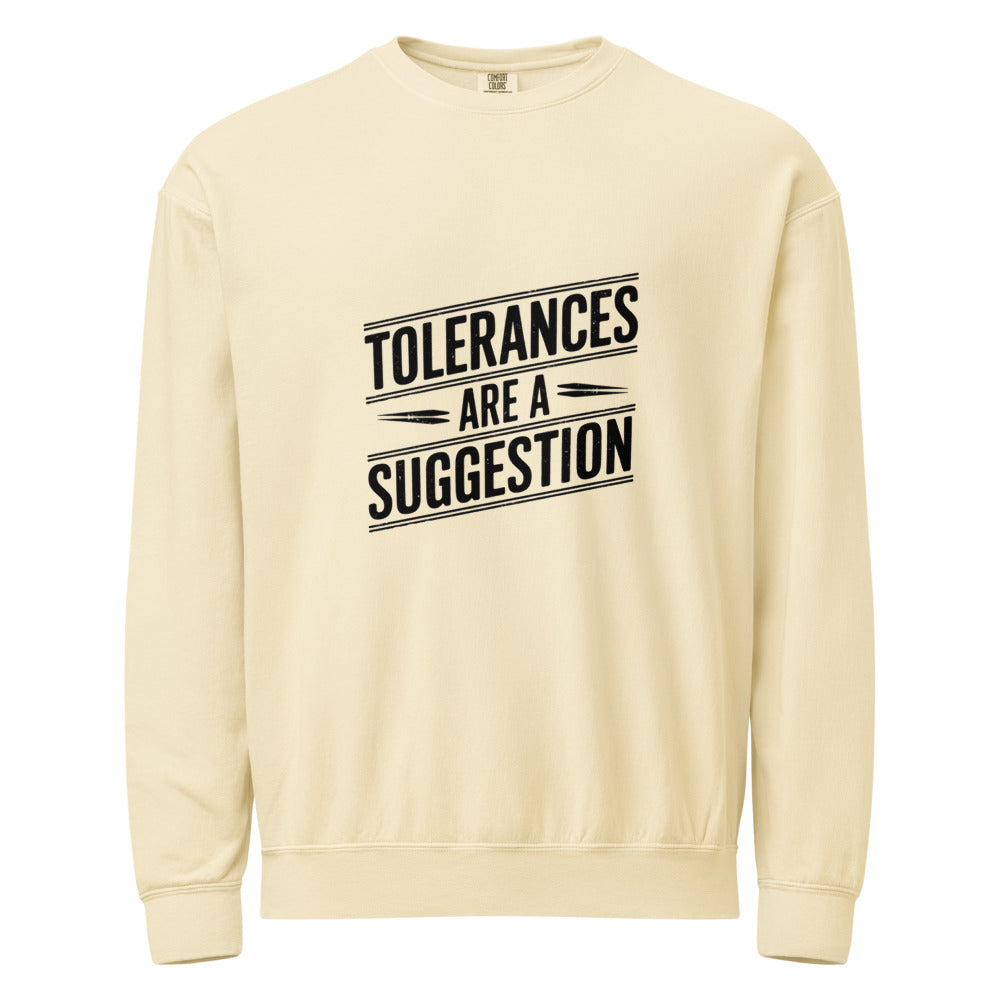 CNC Machinist Crewneck Sweatshirt - Tolerance Stack Crash Humor Workwear Badge for Shop Floor Operators