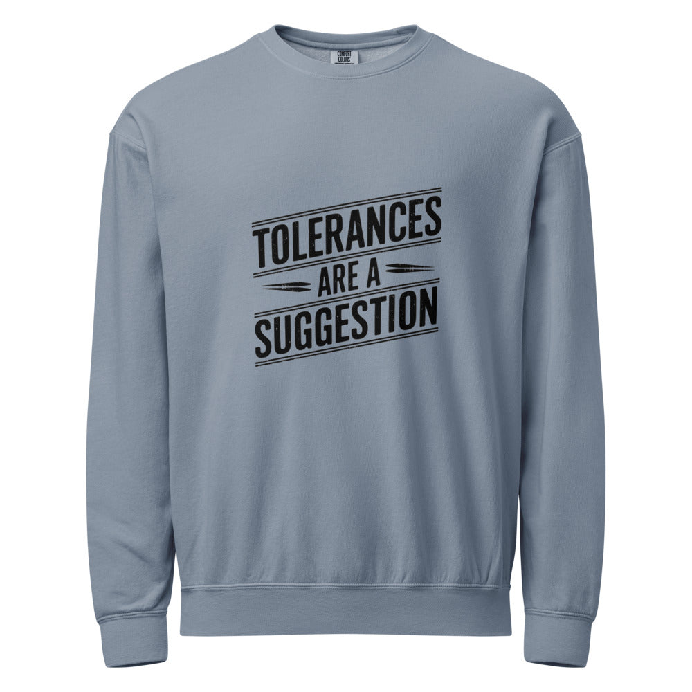 CNC Machinist Crewneck Sweatshirt - Tolerance Stack Crash Humor Workwear Badge for Shop Floor Operators
