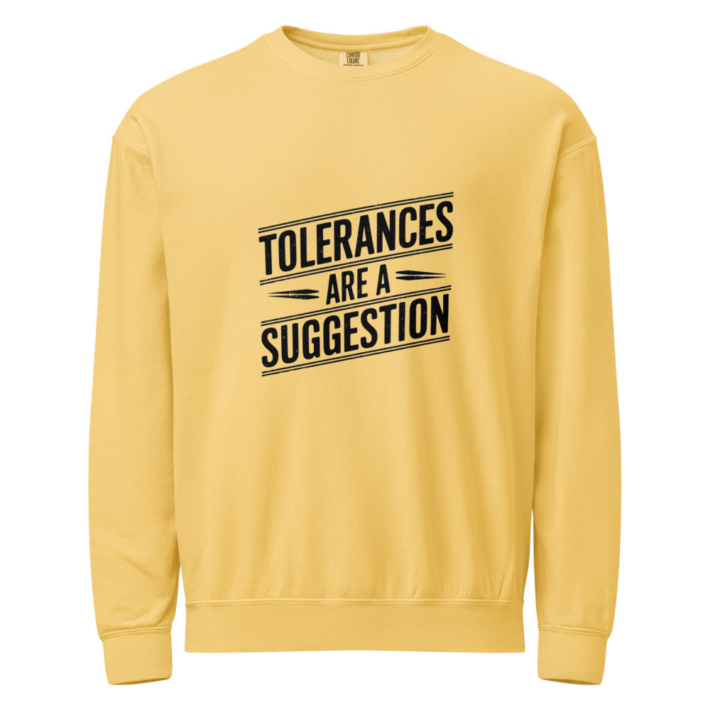 CNC Machinist Crewneck Sweatshirt - Tolerance Stack Crash Humor Workwear Badge for Shop Floor Operators