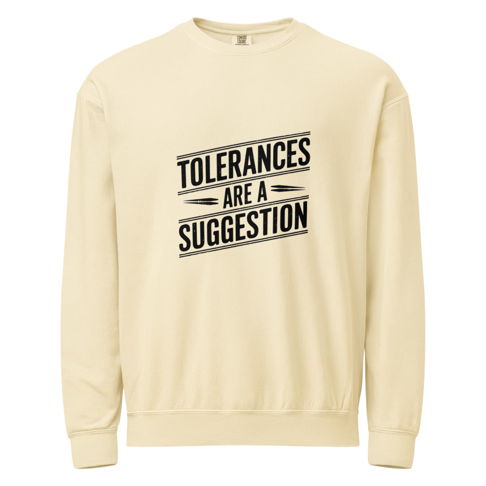 CNC Machinist Crewneck Sweatshirt - Tolerance Stack Crash Humor Workwear Badge for Shop Floor Operators