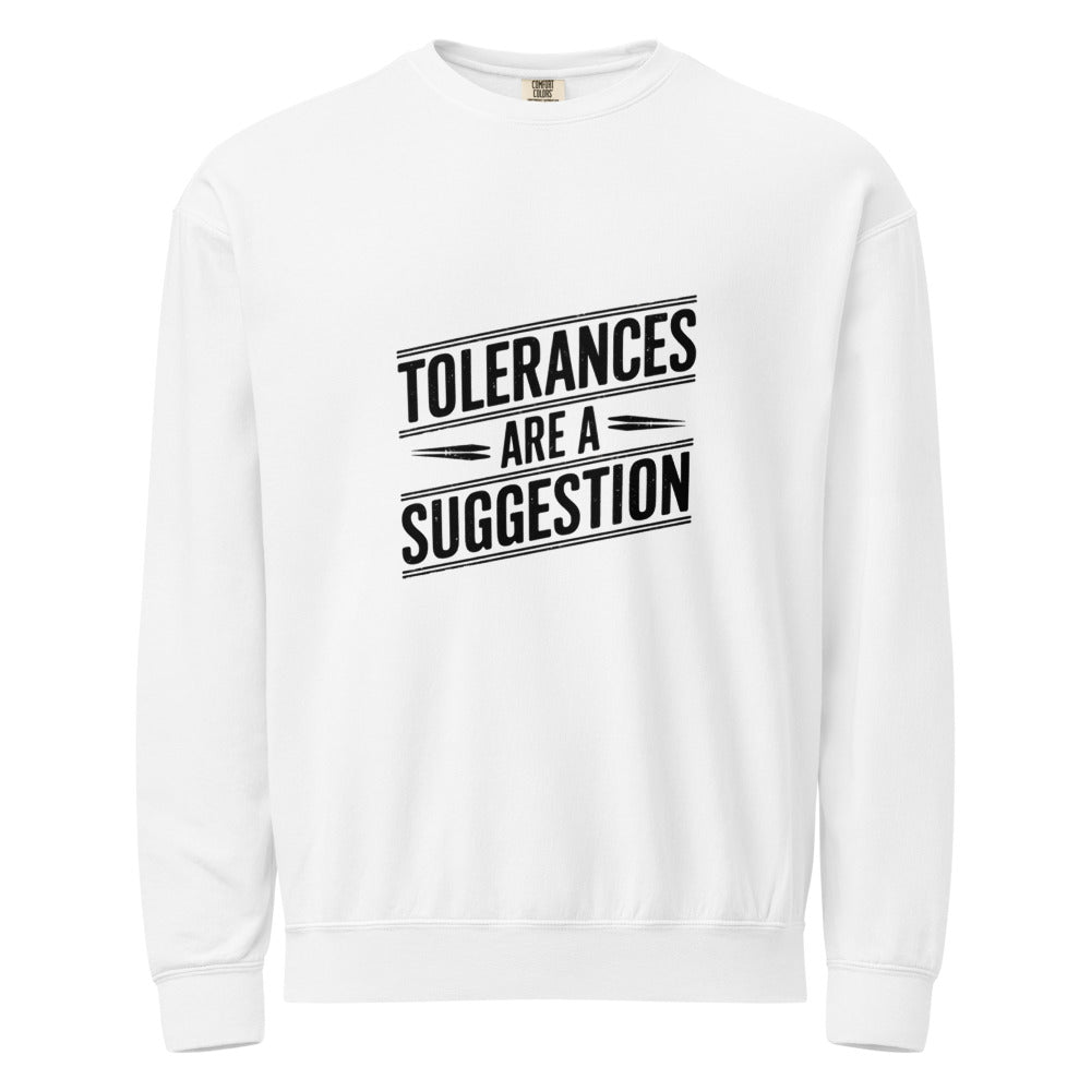 CNC Machinist Crewneck Sweatshirt - Tolerance Stack Crash Humor Workwear Badge for Shop Floor Operators