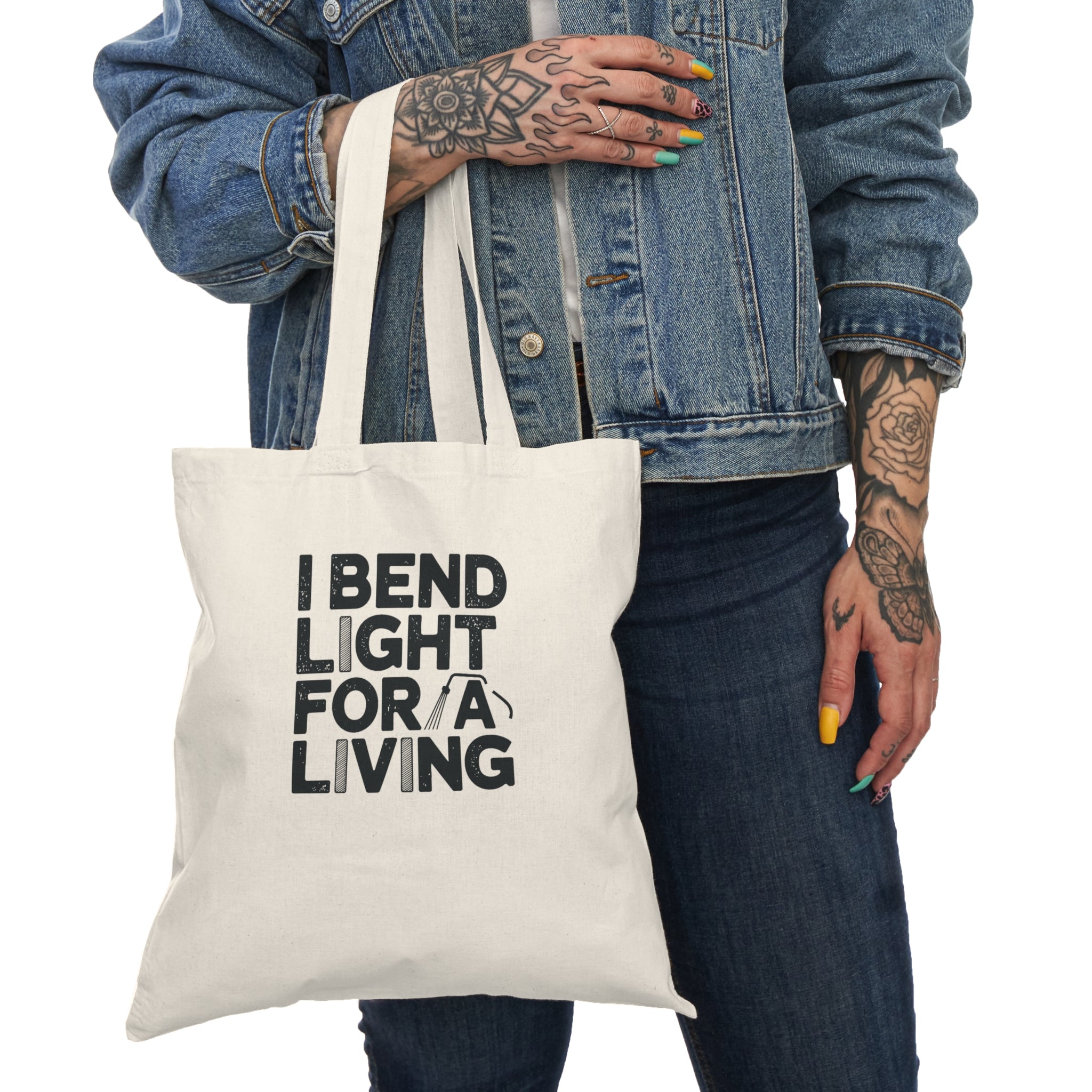 Welder Tote Bag - I Bend Light For A Living - Cotton Canvas Bag for TIG MIG Pipe Welders, Fabricators, Pipeliners