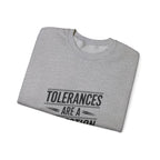 CNC Machinist Crewneck Sweatshirt - Tolerance Stack Crash Humor Workwear Badge for Shop Floor Operators