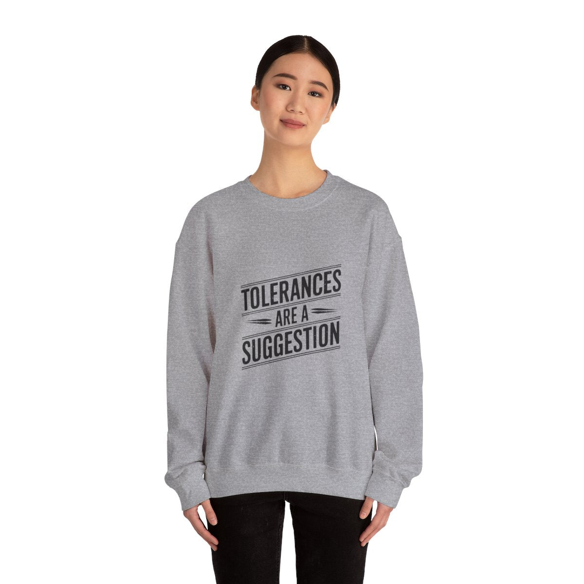 CNC Machinist Crewneck Sweatshirt - Tolerance Stack Crash Humor Workwear Badge for Shop Floor Operators