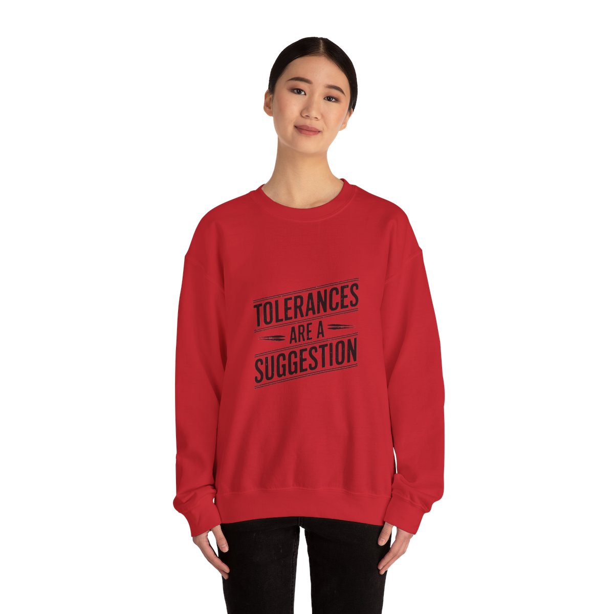CNC Machinist Crewneck Sweatshirt - Tolerance Stack Crash Humor Workwear Badge for Shop Floor Operators