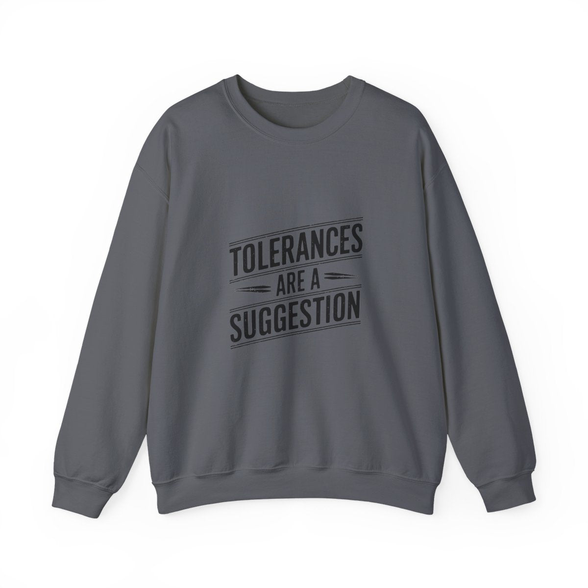 CNC Machinist Crewneck Sweatshirt - Tolerance Stack Crash Humor Workwear Badge for Shop Floor Operators