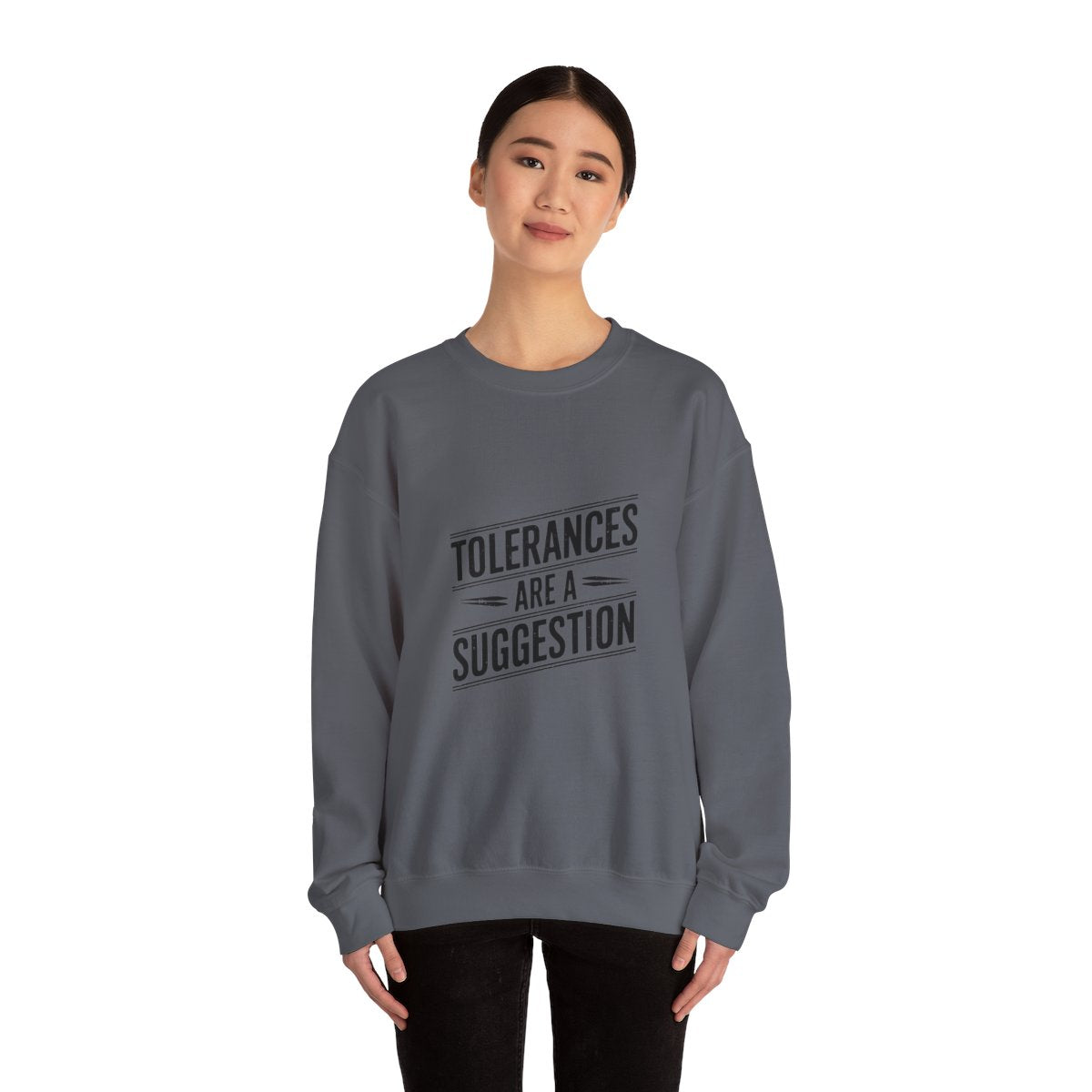 CNC Machinist Crewneck Sweatshirt - Tolerance Stack Crash Humor Workwear Badge for Shop Floor Operators