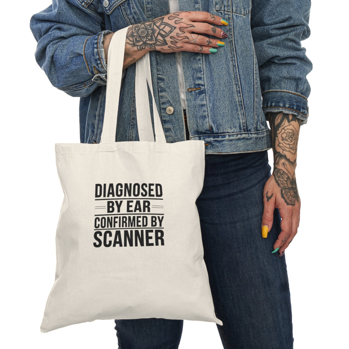 Diagnosed By Ear Confirmed By Scanner Tote Bag — Diesel Technician Workwear Typography Shop Bag