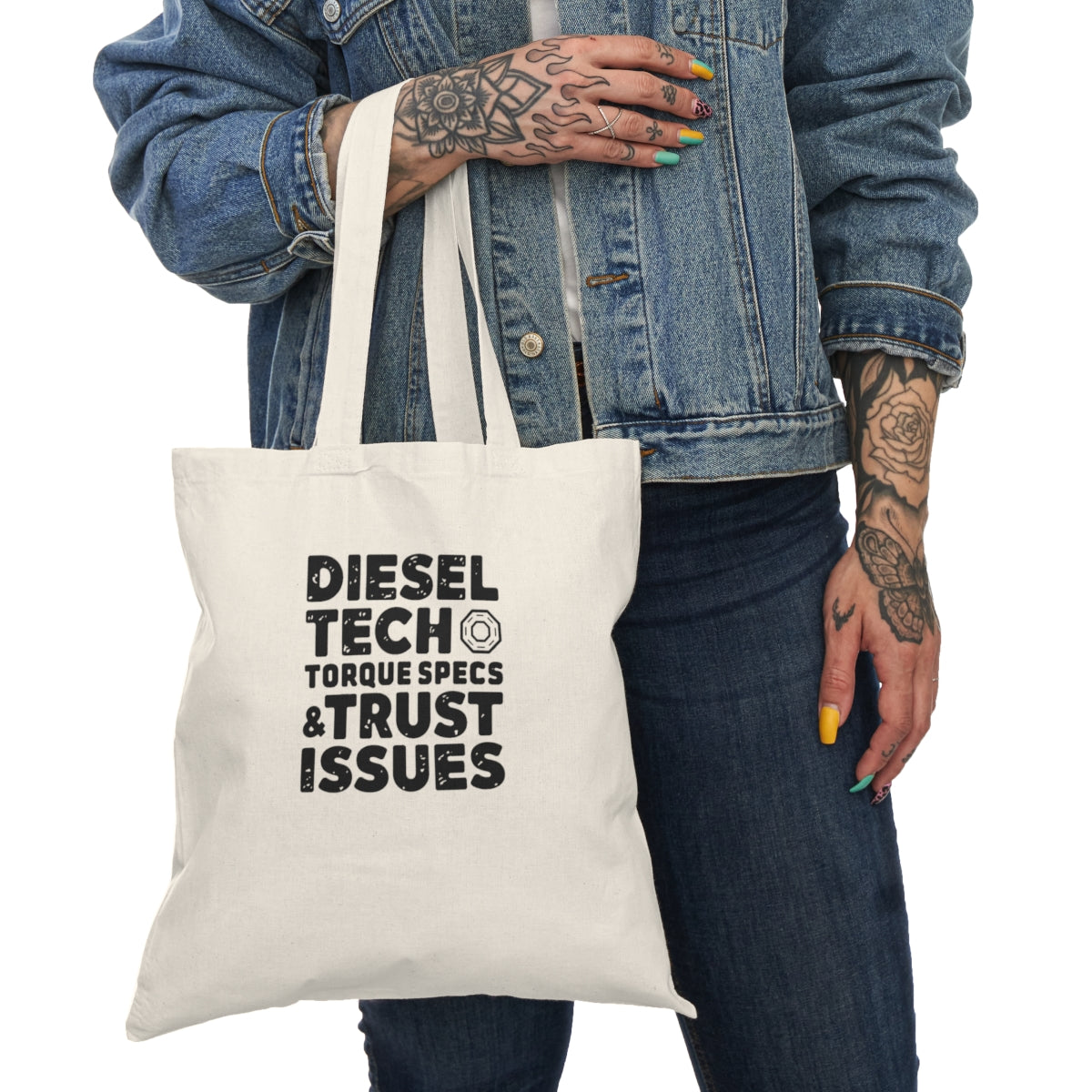 Diesel Tech Tote Bag - Torque Specs and Trust Issues - Class 8 Mechanic Workwear Badge Cotton Tote