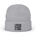 G-Code Fluent Knit Beanie — CNC Machinist Cold Shop Hat, Stacked Serif Lockup