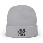G-Code Fluent Knit Beanie — CNC Machinist Cold Shop Hat, Stacked Serif Lockup