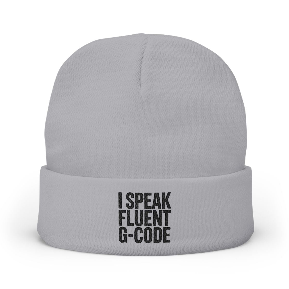 G-Code Fluent Knit Beanie — CNC Machinist Cold Shop Hat, Stacked Serif Lockup