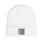 G-Code Fluent Knit Beanie — CNC Machinist Cold Shop Hat, Stacked Serif Lockup