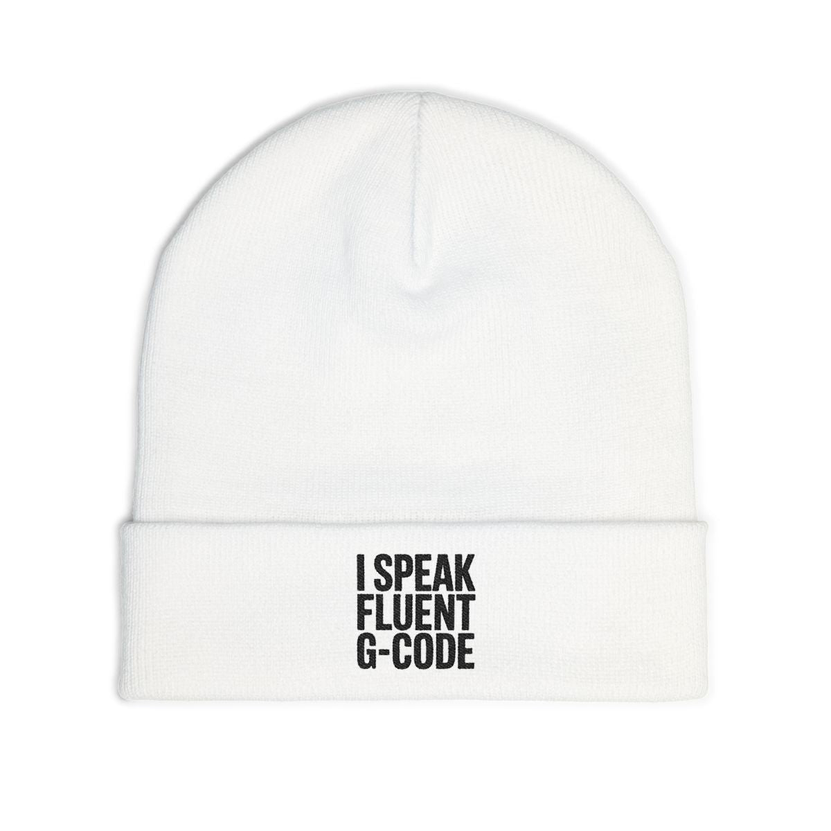 G-Code Fluent Knit Beanie — CNC Machinist Cold Shop Hat, Stacked Serif Lockup