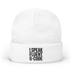 G-Code Fluent Knit Beanie — CNC Machinist Cold Shop Hat, Stacked Serif Lockup