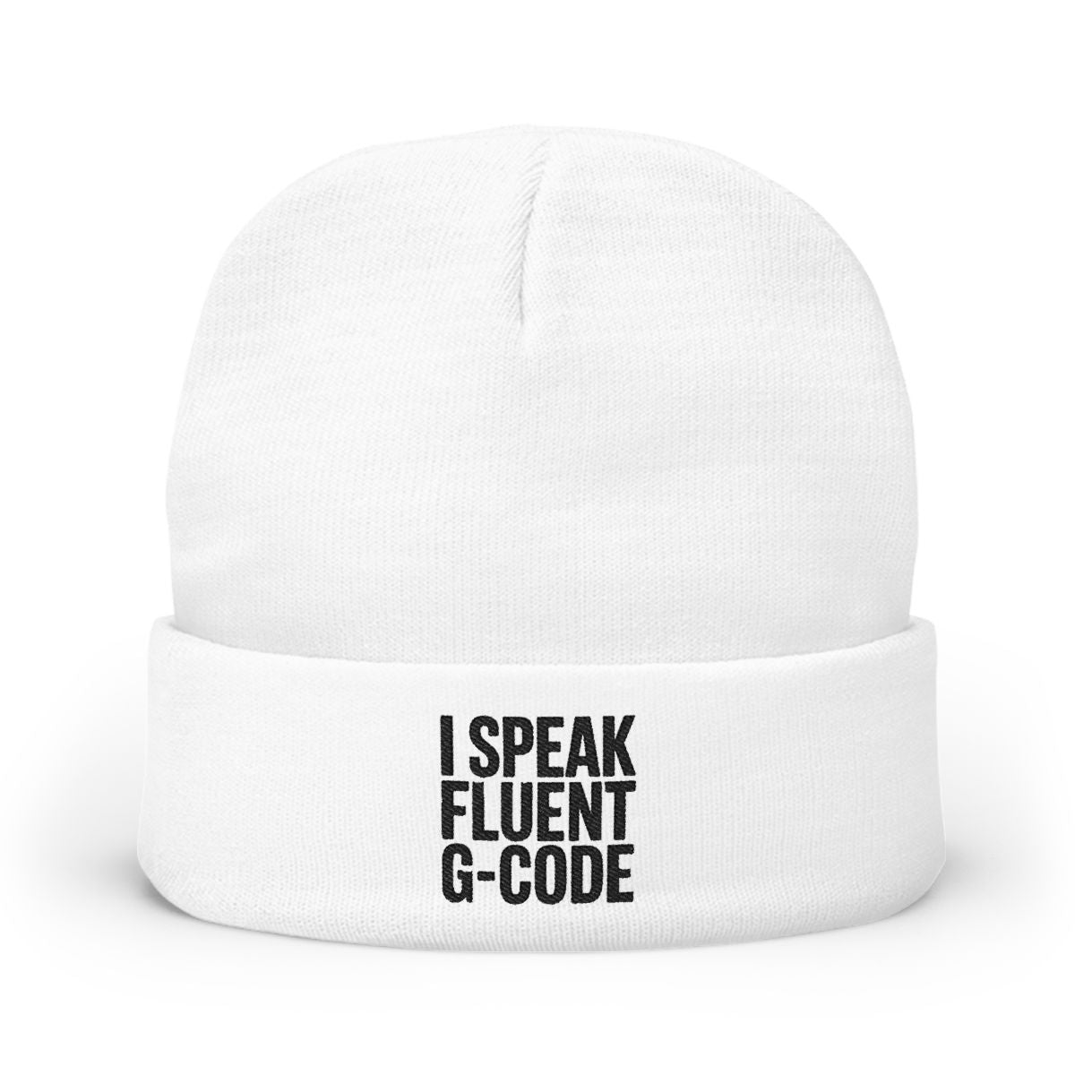 G-Code Fluent Knit Beanie — CNC Machinist Cold Shop Hat, Stacked Serif Lockup